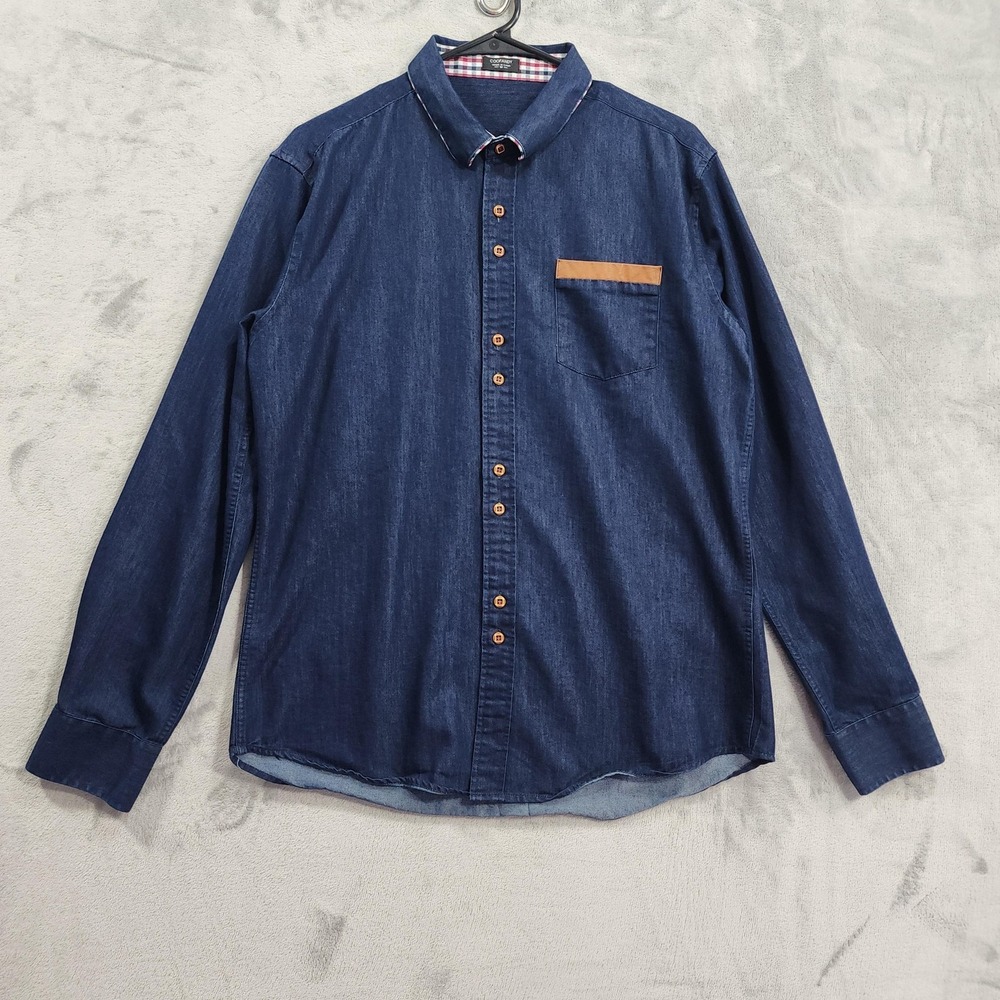 Coofandy Shirt Mens M Blue Denim Button Front Long Sleeve Stretch Casual Western